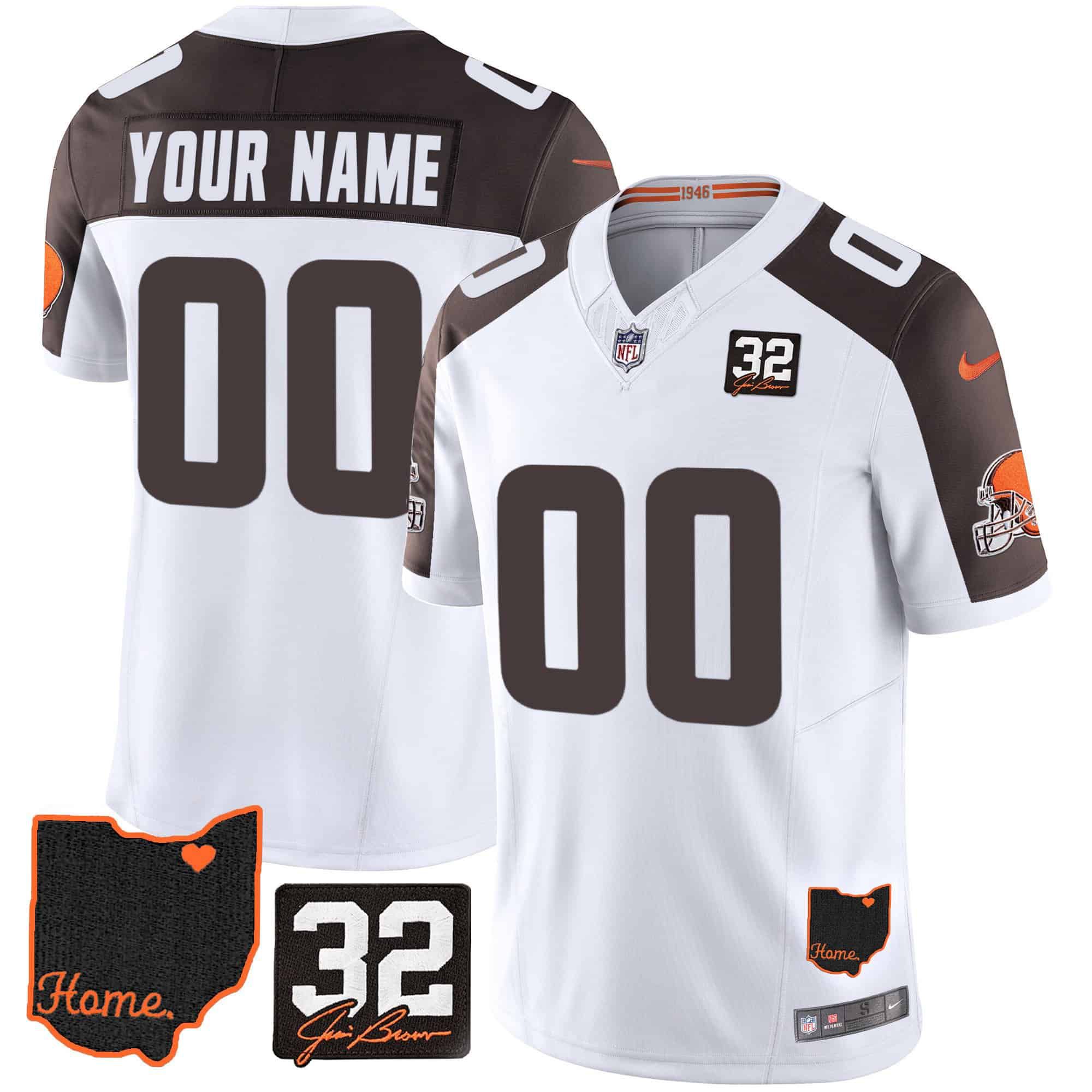 Men Cleveland Browns White 32 Jim Brown Memorial Home Patch Custom 2024 Nike NFL Jersey style 1